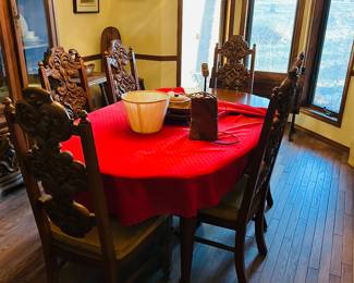 Dining table, ornate chairs