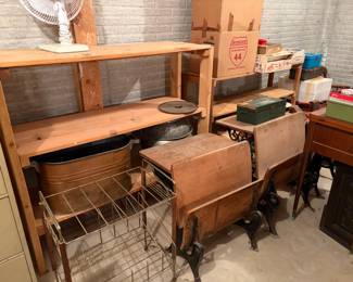 Copper tub, antique school desks