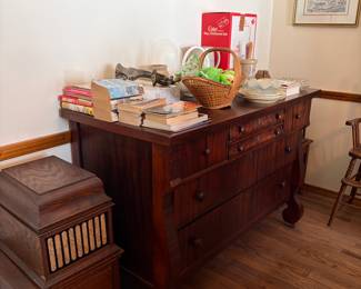 Buffet, Edison phonograph, chamber pots, antique mirror with hat hooks