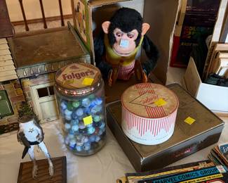 Vintage toys, marbles comic books, taxidermy frog