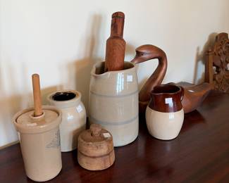 Crocks, butter mould press, primitive/rustic decor