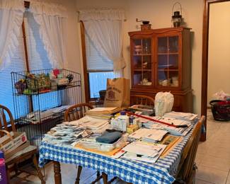 Dining table, China hutch, wire storage rack