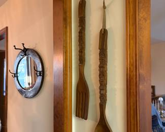 Mirror hat hooks, oversized fork and spoon wall decor