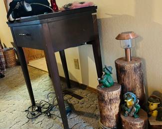 Sewing desk, frog decor, solar lights 