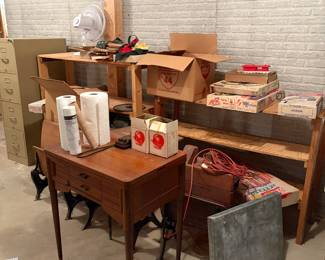 Antique school desks, sewing table