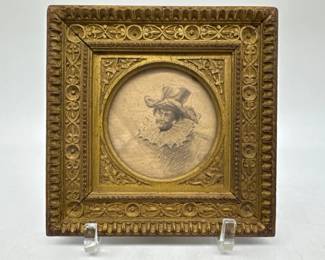 Charming framed vintage grisaille watercolor of a figure in costume