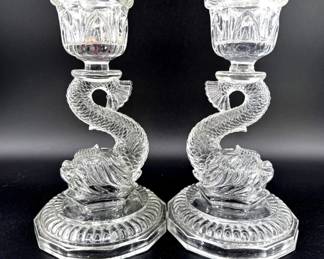 Pair of pressed glass dolphin figural candlesticks; possibly Sandwich Glass