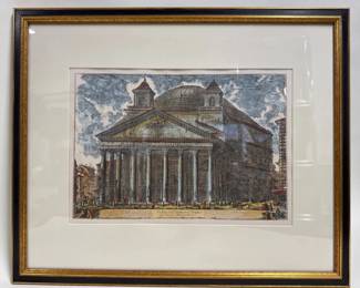 Framed hand colored etching of the Pantheon
