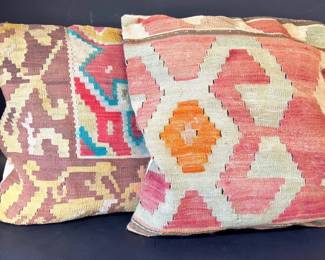 Two vintage Dhurrie rug fragment pillow covers