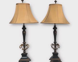 Pair of decorative lamps with taupe silk shades