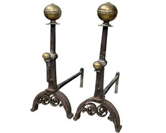 Large pair of brass and iron early large andirons from a Charleston home