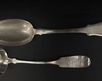 Engraved coin ladle is marked B.R. Norton and Co.  Coin serving spoon is marked Paris. Total weight is 82g.