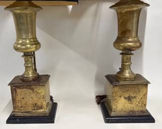 Pair of heavy brass lamps with black shades