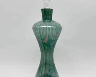 Hand blown blue and gray striped bottle with clear stopper
