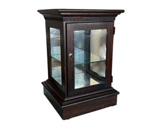 Table top dark stained pine store display cabinet