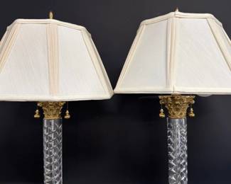 Pair of heavy twisted crystal lamps with double pull chains and pleated shades
