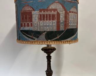 Italian carved giltwood candlestick lamp with unusual hatbox shade