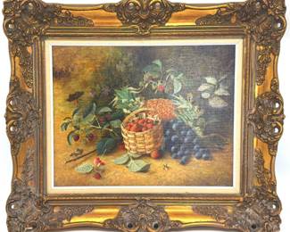 Framed oil on canvas still life with berries and fruit by Alfred E. East (British, 1844-1913)