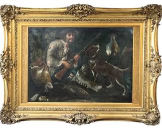 Monumental 18th century Continental oil on canvas of Flemish game scene; 74” x 55”. Painted in the manner of Johann E. Ridinger