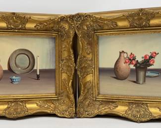 Beautiful pair of framed original oil on board still life paintings by Dutch artist V. Weley