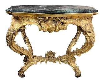 Antique Louis XV style gilded wood console table with green marble top