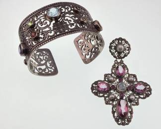 Sterling, colored stones openwork bracelet, pendant