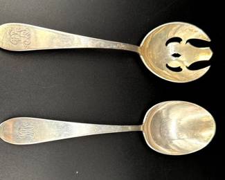 Engraved on back sterling salad serving fork and spoon in Gorham's "Mothers-Old" pattern; 172g.