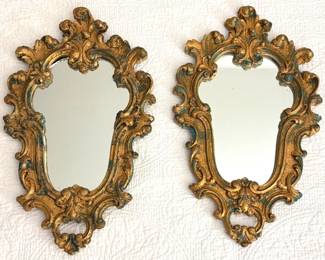 Pair of vintage Syroco Wood Rococo style mirrors with gilt and verdigris applied finish