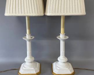 Mario Buatta for Frederick Cooper white ceramic fluted column lamps