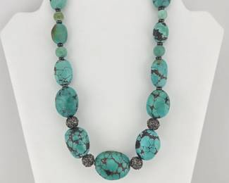 Natural turquoise nugget necklace with sterling ornate beads