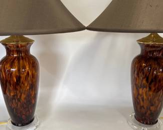 Pair of glass tortoise style lamps with taupe silk bell shades