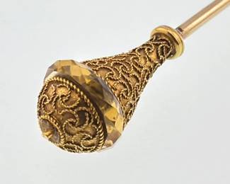 14kt long hat pin with yellow stone accent