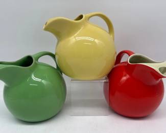 Trio of Hall USA ceramic pitchers in primary colors