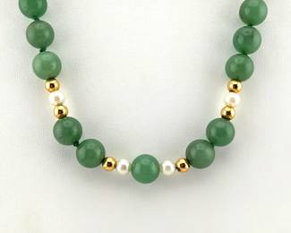 Jade, pearl and 14kt necklace; 18"L