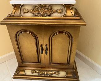 34   $98 - Vintage Pedestal cabinet double door gold sprayed  - marble top 