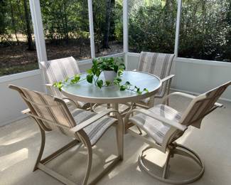 21	$150 	Outdoor cream metal/glass top round table 42 X 28H,  4 -  armchairs & 1  - bench23 X 21 X 17H
