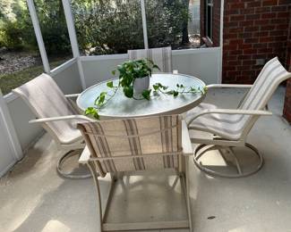 21	$150 	Outdoor cream metal/glass top round table 42 X 28H,   4 - armchairs & 1 -bench23 X 21 X 17H
