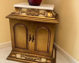 34  $98 -  Vintage pedestal cabinet double door gold sprayed  - marble top 