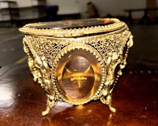 Antique French Ormolu Gold Filigree Angels Beveled Amber Glass Jewelry Box