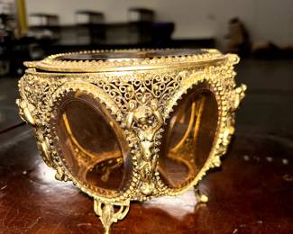 Antique French Ormolu Gold Filigree Angels Beveled Amber Glass Jewelry Box