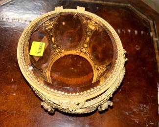 Antique French Ormolu Gold Filigree Angels Beveled Amber Glass Jewelry Box