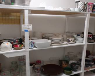 dishes, mugs, lots of decor