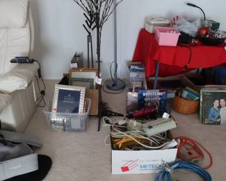 lamps, picture frames, beige massage chair