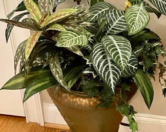 FAUX  FOLIAGE IN BRASS VASE ON WROUGHT IRON STAND