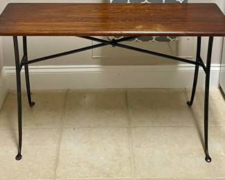 WROUGHT IRON CONSOLE TABLE WITH WOODEN TOP