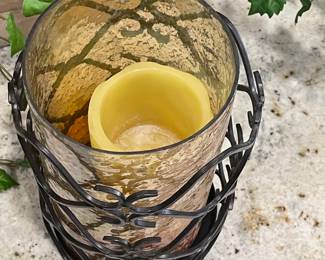 WROUHT IRON/GLASS CANDLE HOLDER