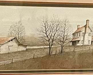 FRAMED/MATTED FARM BY HINDMAN (SIGNED)