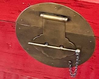 STUNNING RED TRUNK WITH BRASS FIXTURES
