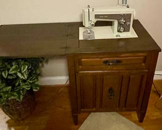 SEWING MACHINE, CABINET AND ACCESSORIES