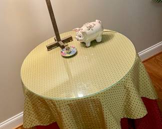 BEDROOM TABLE WITH SWISS DOTS DOUBLE OVERLAY AND GLASS TOP